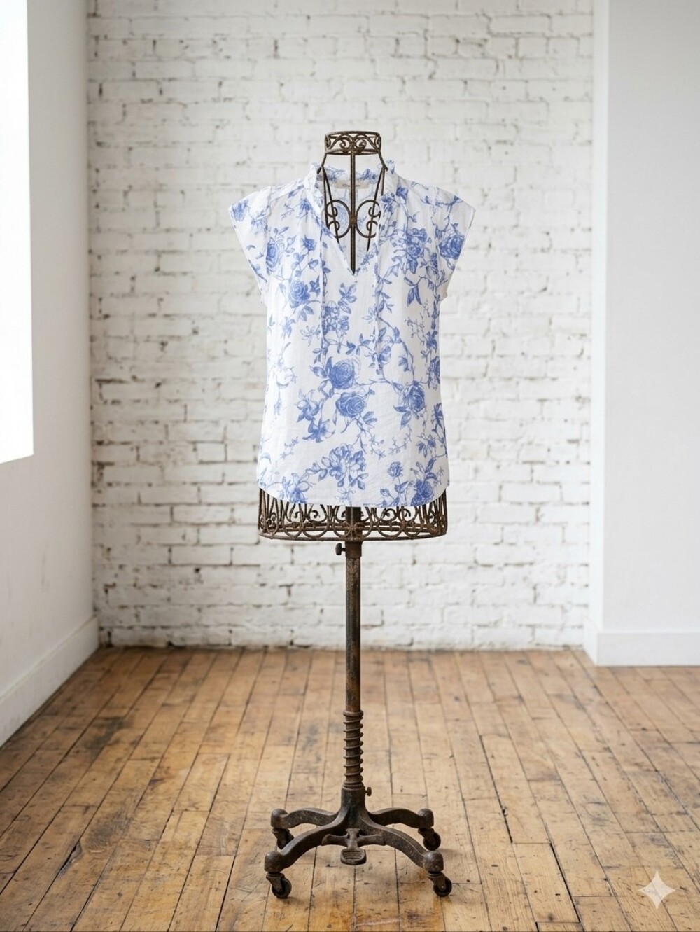 Blue Floral V-Neck Cap Sleeve Blouse - Women's